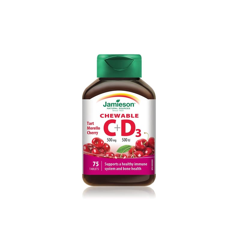 JAMIESON VITAMIN C 500MG + VITAMIN D 500UI CHERRY FLAVOUR 75 CHEWABLE TABLETS