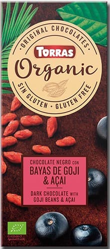 Torras ECO Ciocolata neagra cu fructe goji si pudra de acai, fara gluten