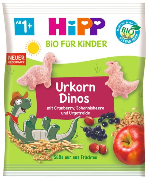 Hipp Dinos with cereals, cranberries and blackcurrants