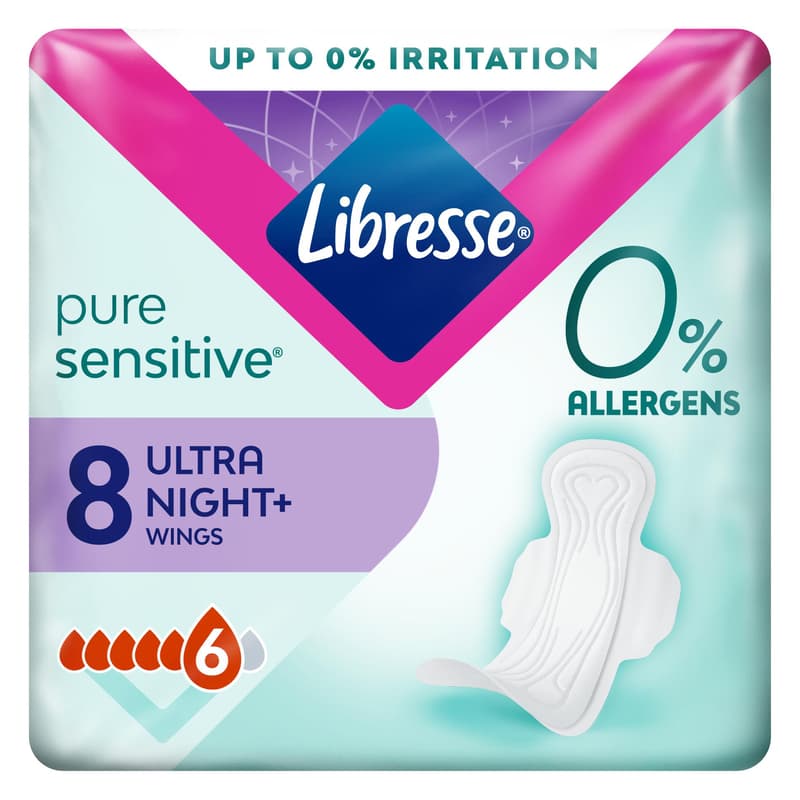 Libresse Pure Sensitive Ultra Night Absorbent Pads, 8 pieces
