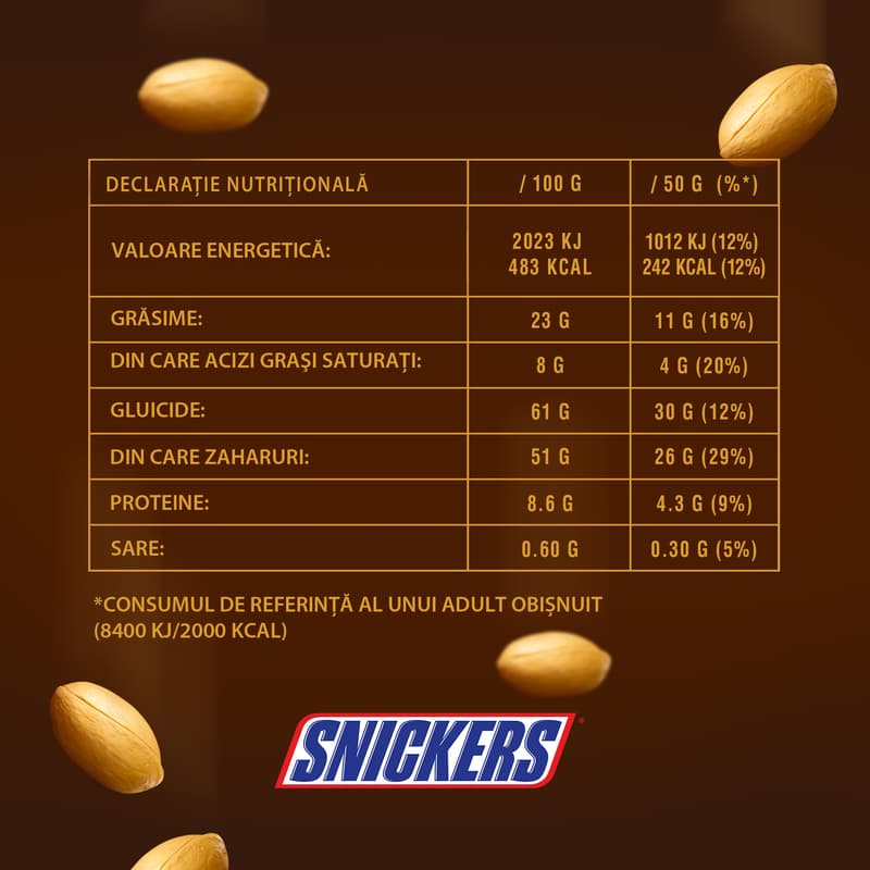 Snickers Batoane de ciocolata cu lapte, cu caramel si alune prajite 3x50g