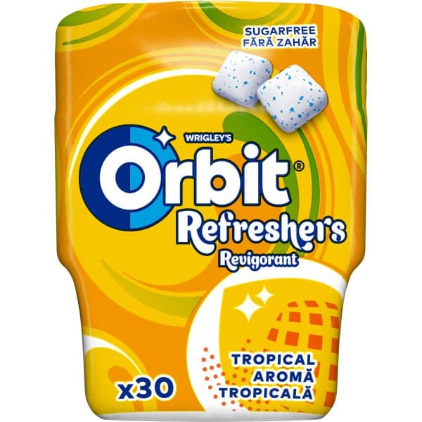 Orbit Refreshers Tropical Guma de mestecat fara zahar cu indulcitori si arome de fructe, 30 buc