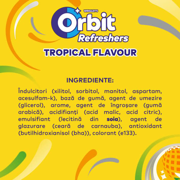 Orbit Refreshers Tropical Guma de mestecat fara zahar cu indulcitori si arome de fructe, 30 buc