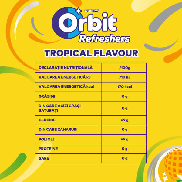 Orbit Refreshers Tropical Guma de mestecat fara zahar cu indulcitori si arome de fructe, 30 buc