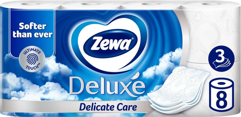 Zewa Deluxe Delicate Care Toilet Paper, 3 Layers, 8 Rolls