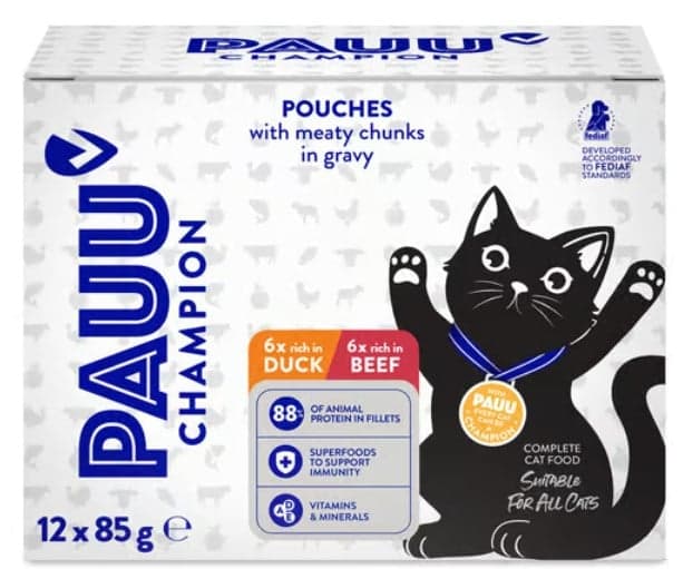 PAUU Champion Mancare umeda fara cereale cu file de vita si rata 12x85 g