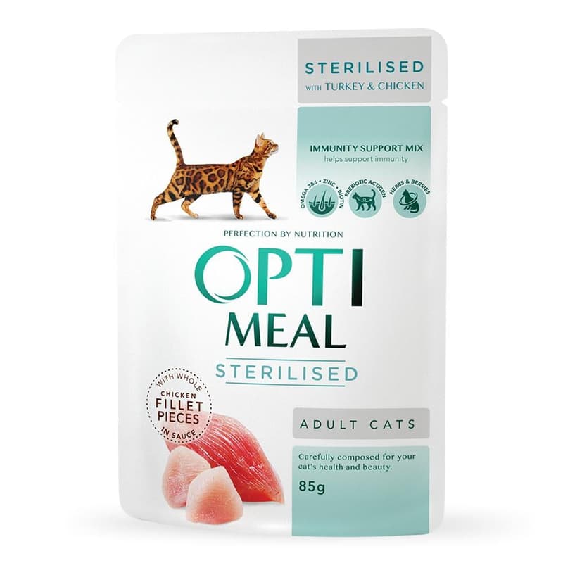 OPTIMEAL™ Hrana umeda pentru pisici sterilizate, cu carne de curcan si file de pui in sos