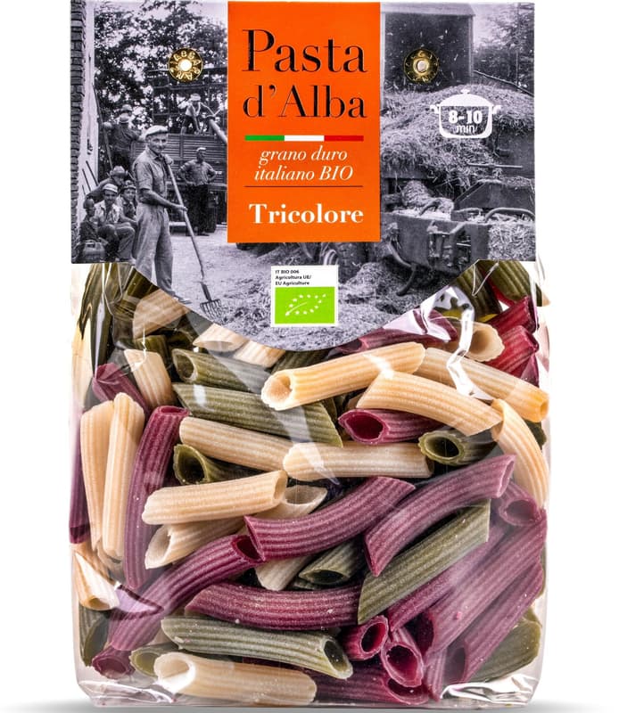 Pasta d'Alba ECO Paste tricolore penne din grau dur, spanac si sfecla rosie