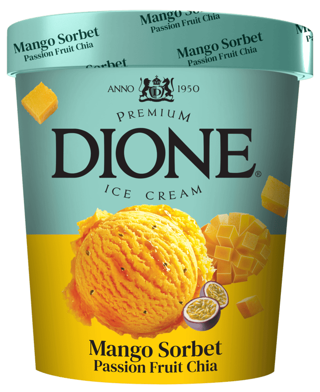 Dione Sorbet de mango cu mango sos cu aroma de fructul pasiunii si seminte de chia