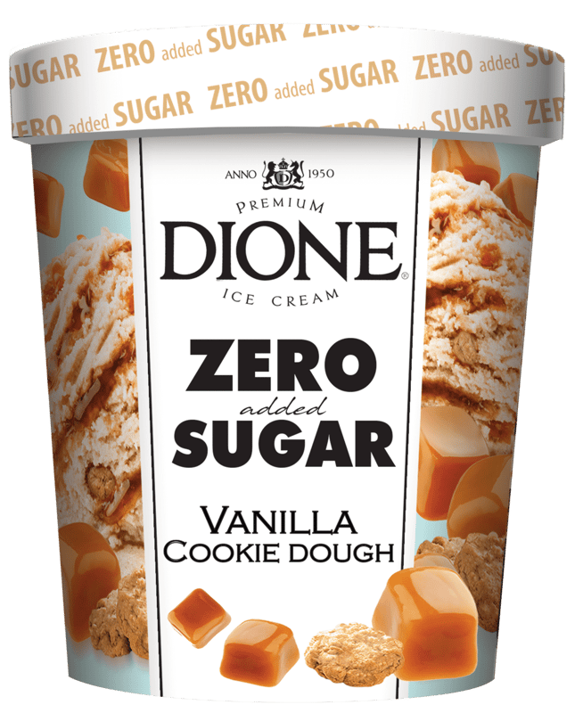 Dione Inghetata de vanilie cu caramel si bucati de biscuiti. Cu Indulcitor