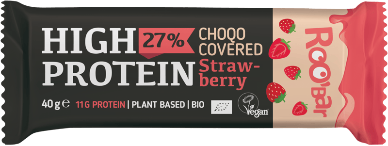 Roobar High protein strawberry bar covered with pink glaze