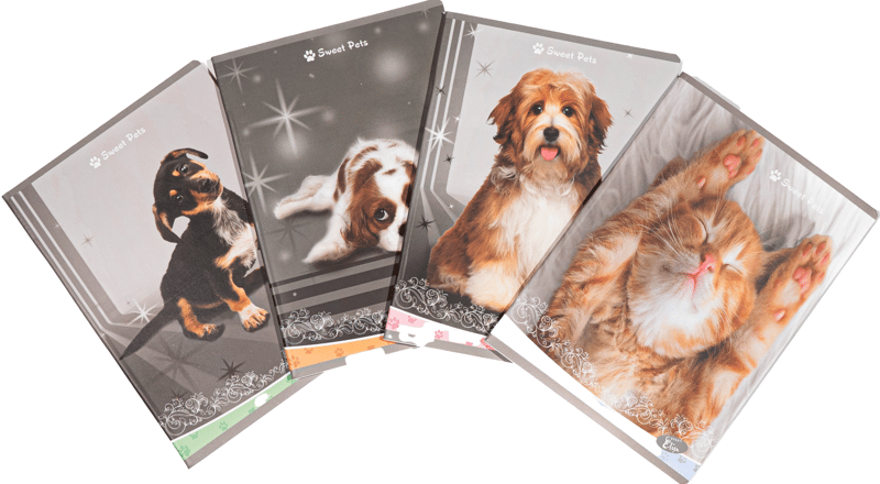 Notebook TIP2, 36 sheets, 80gsm, 300gsm cardboard cover, sweet pets design