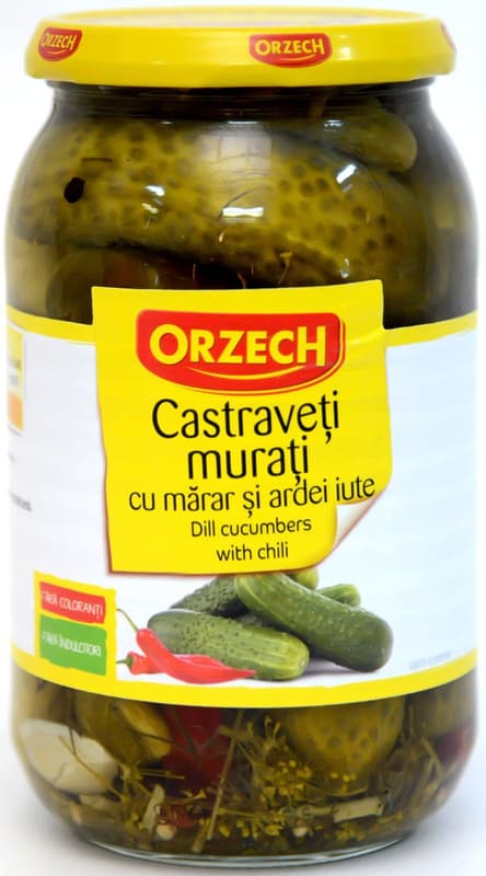 Orzech Spicy pickled cucumbers with dill and chilli peppers