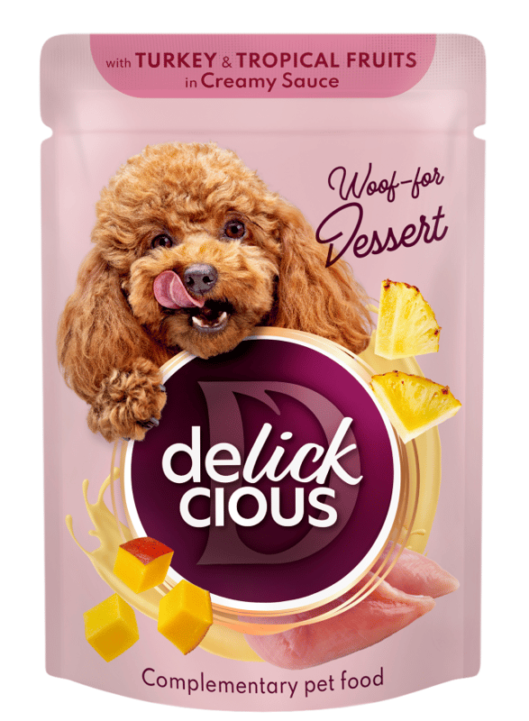 Delickcious Fulgi de carne de curcan si fructe tropicale in sos cremos hrana umeda pentru caini