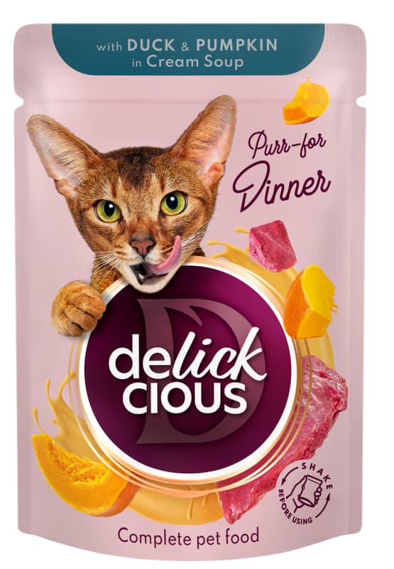 Delickcious Duck and Pumpkin Strips in Cream Soup for Adult Cats