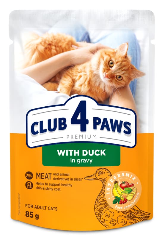CLUB 4 PAWS Premium "With duck in gravy". Сomplete canned pet food for adult cats
