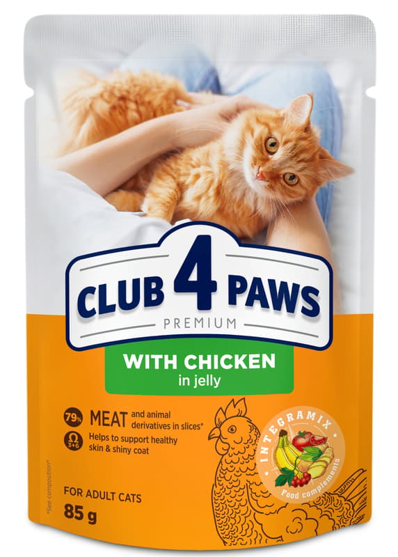CLUB 4 PAWS Premium "With chicken in jelly". Complete canned pet food for adult cats