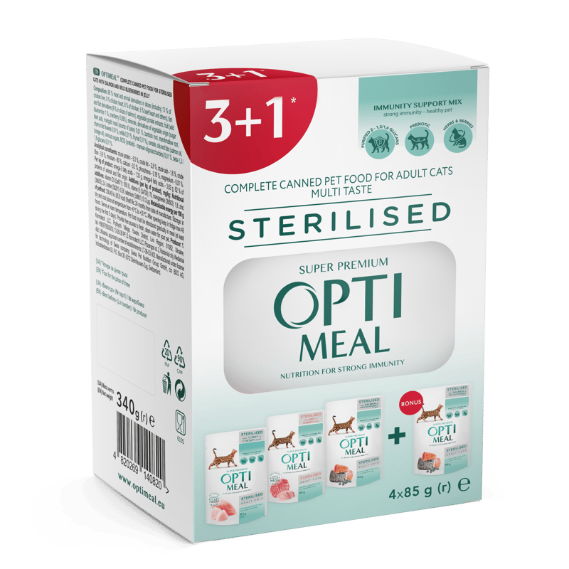 Optimeal Hrana umeda pentru pisici adulte sterilizate mix set 3+1 gratis