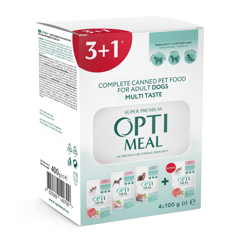 Set №5 OPTIMEAL ™. Сomplete сanned pet food for adult dogs (3+1)