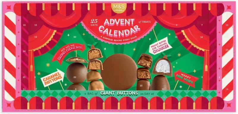 Marks & Spencer Calendar advent cu ciocolata cu lapte si neagra, ciocolata cu biscuiti si bomboane umplute cu bezea si caramel