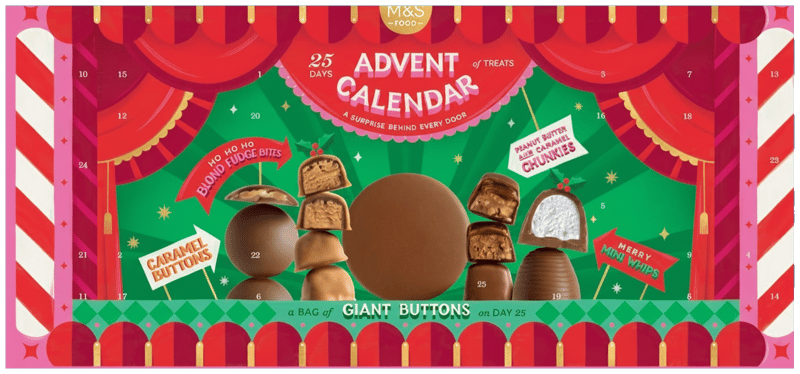 Marks & Spencer Calendar advent cu ciocolata cu lapte si neagra, ciocolata cu biscuiti si bomboane umplute cu bezea si caramel