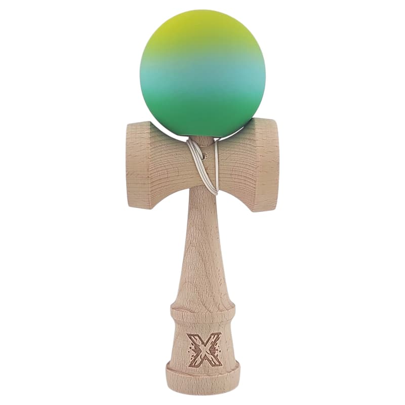 Kendama X , 18 cm, din Lemn, Rubber Grip, Galben/Albastru/Verde