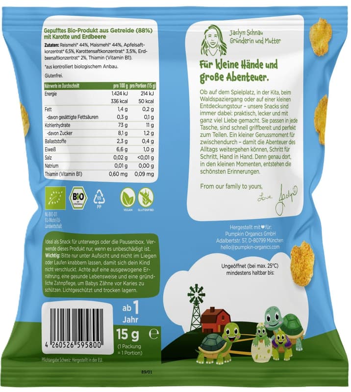 Pumpkin Organics ECO Snack Carrot and Strawberry Clouds 15g, 12+