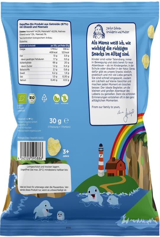 Pumpkin Organics ECO Crunchy Snack with Olive Oil & Sea Salt 30g, 3 Years+