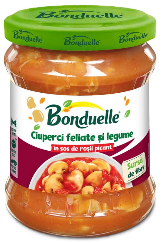 Bonduelle Ciuperci feliate si legume in sos de rosii picant