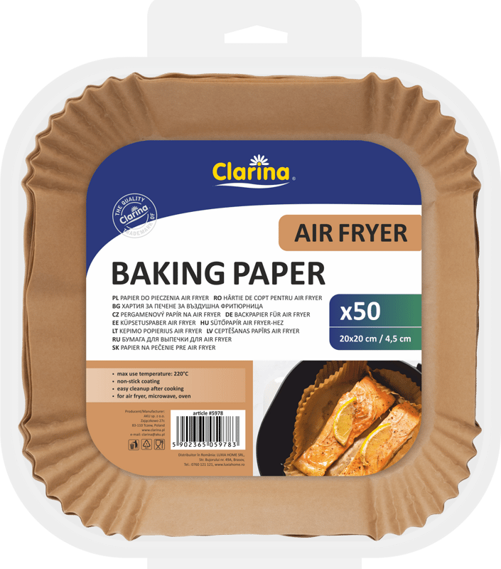 Clarina Air Fryer Square Baking Paper, 20x20x4.5 cm, 50 pieces