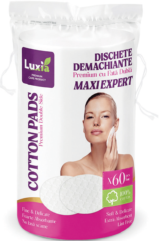 Luxia Makeup Remover Pads, 100% cotton, embossed, maxi double sided, 60 pieces