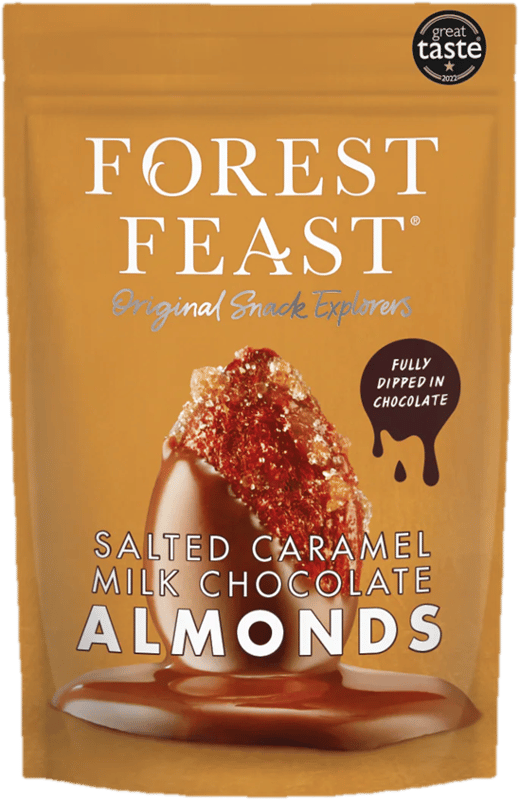 Forest Feast Migdale caramelizate, cu sare de mare, in ciocolata belgiana cu lapte, fara gluten