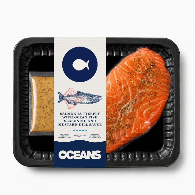 OCEANS Salmon butterfly (skin off) with seasoning and mustard-dill sauce