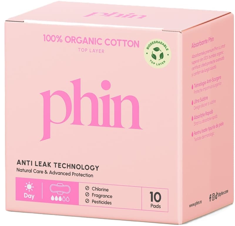 Phin Organic Cotton Daytime Sanitary Pads (Top Sheet), 10 pcs