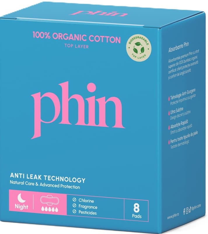 Phin Organic Cotton Night Sanitary Pads (Top Sheet), 8 pcs