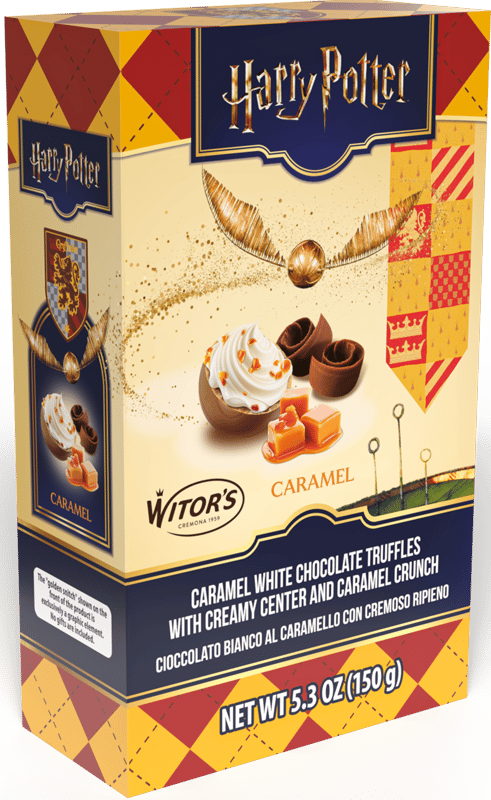 Witor's Harry Potter Praline cu caramel si ciocolata alba, cu umplutura cremoasa de lapte si bucati crocante de caramel
