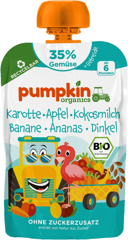Pumpkin Organics ECO Piure de morcov, mar, lapte de cocos, banana, ananas si spelta