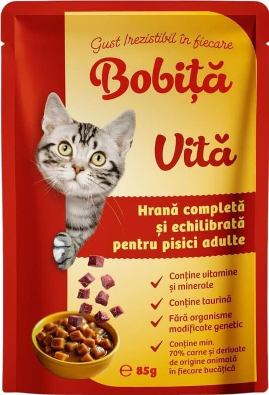 Wet food pouch, bobita, adult cat, beef, 85gr