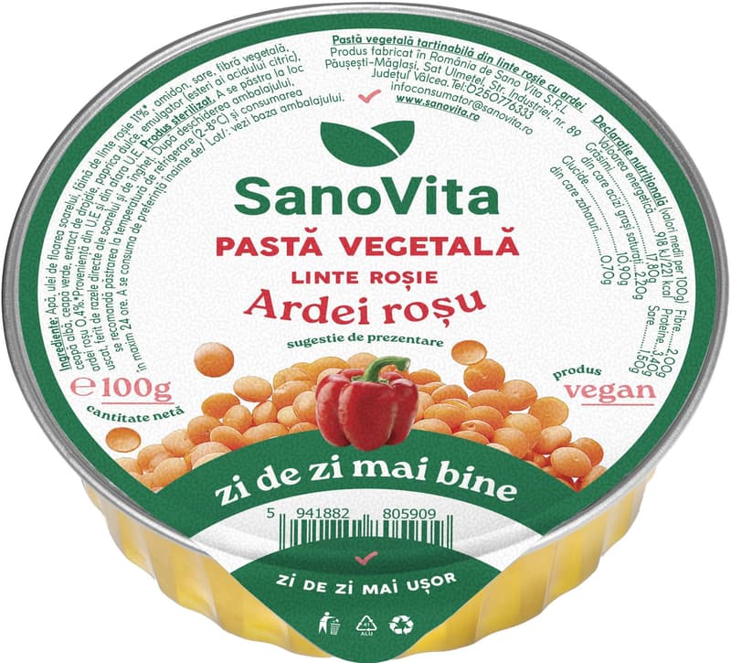 Sanovita Spreadable vegetable paste made from red lentils with peppers and onions