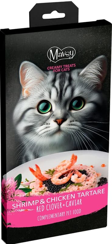 MAVSY Cat Treats, Creamy Shrimp and Chicken Tartar with Red Clover and Caviar