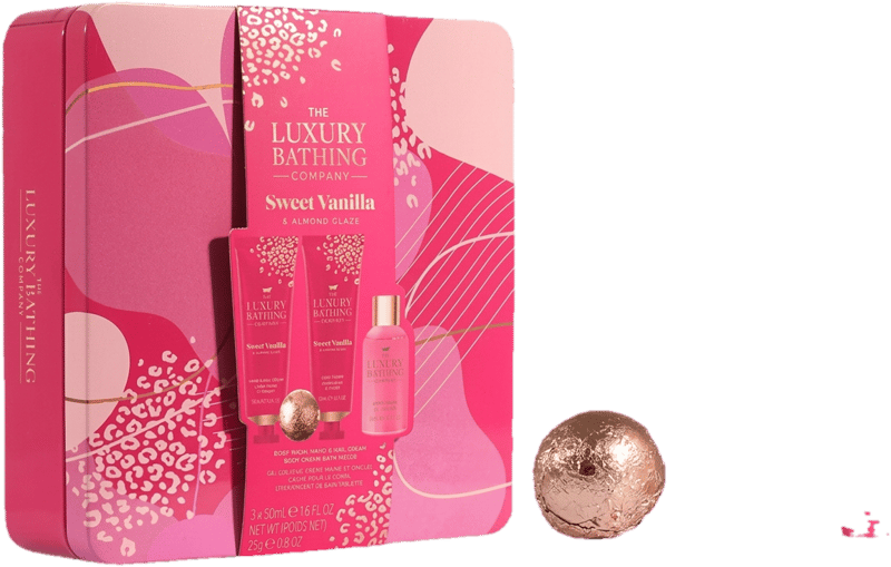 The Luxury Bathing Relax & Unwind Company Gift set with sweet vanilla&almond glaze perfume,
