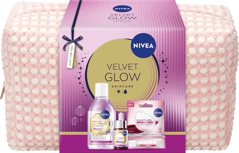 Nivea Geanta Velvet Glow Ser pentru ten, apa micelara si balsam de buze