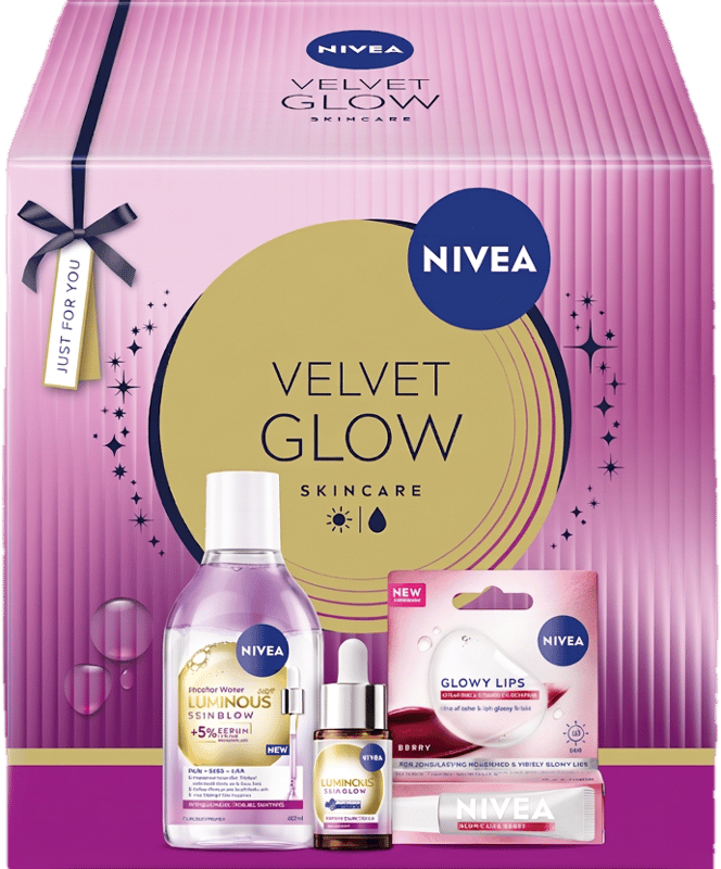Nivea Geanta Velvet Glow Ser pentru ten, apa micelara si balsam de buze