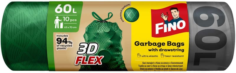 Fino 3D FLEX Ultra elastic cleaning bags with string, 60l