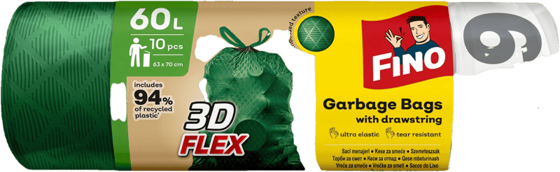 Fino 3D FLEX Ultra elastic cleaning bags with string, 60l