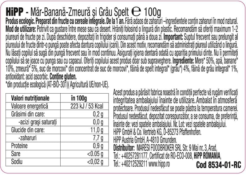 Hipp ECO Fructe si cereale mar-banana-zmeura si cereale