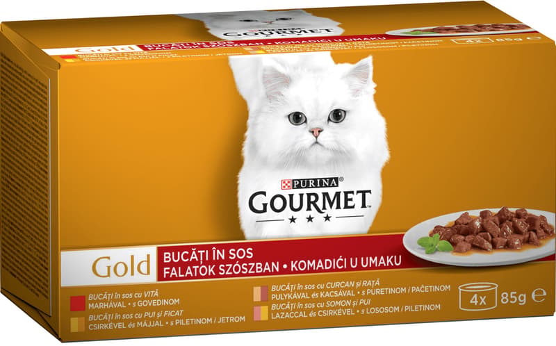 Gourmet Gold Wet Cat Food with Beef/Turkey and Duck/Salmon and Chicken/Chicken and Liver, Meat Pieces in Gravy 4x85g