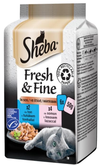 Sheba Fresh&Fine hrana umeda completa pentru pisici adulte cu somon, ton si pastrav 6x50g