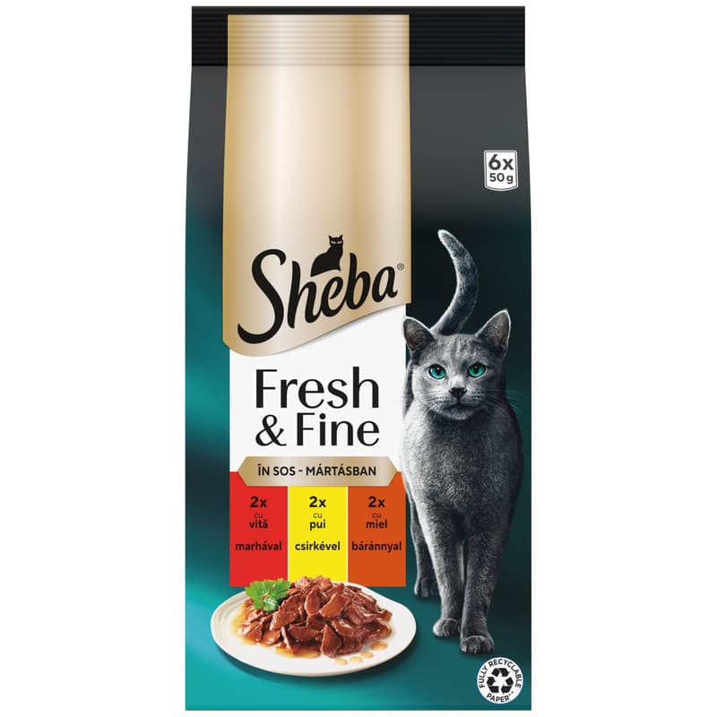 Sheba Fresh&Fine hrana umeda pentru pisici adulte cu miel, pui si vita 6x50g