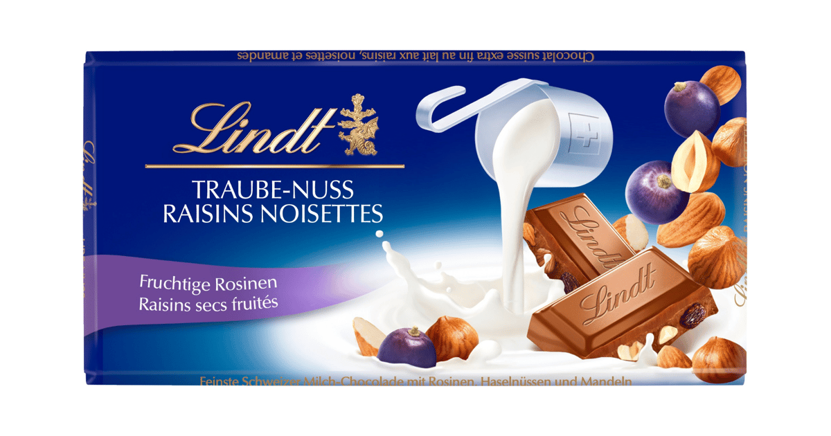 チョコ　180cm×50 Lindt Swiss Classic Tableta ciocolata cu lapte, stafide si alune